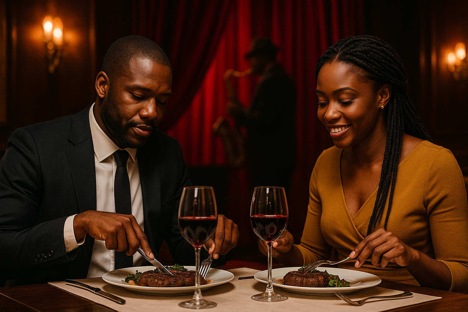 a black couple eating at a new york restaurant 